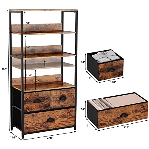 Furologee 4-Tier Storage Shelf Unit With 3 Drawers,Bookshelf Rack & Organizer Dresser,Storage Cabinet For Books, Photos, Decorations In Living Room, Office, Bedroom,Kitchen,Wood Top #TOP2