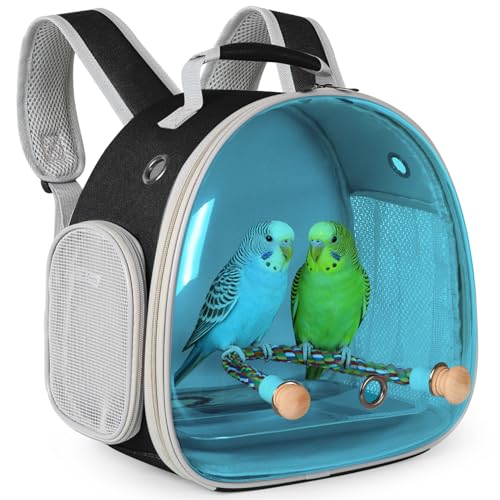 Image of Polarized Tinted Blue Bubble Small Bird Carrier Travel Cage, Portable Bird Carry Backpack with Stainless Steel Tray and Standing Perch for Parakeet Cockatiel Budgies