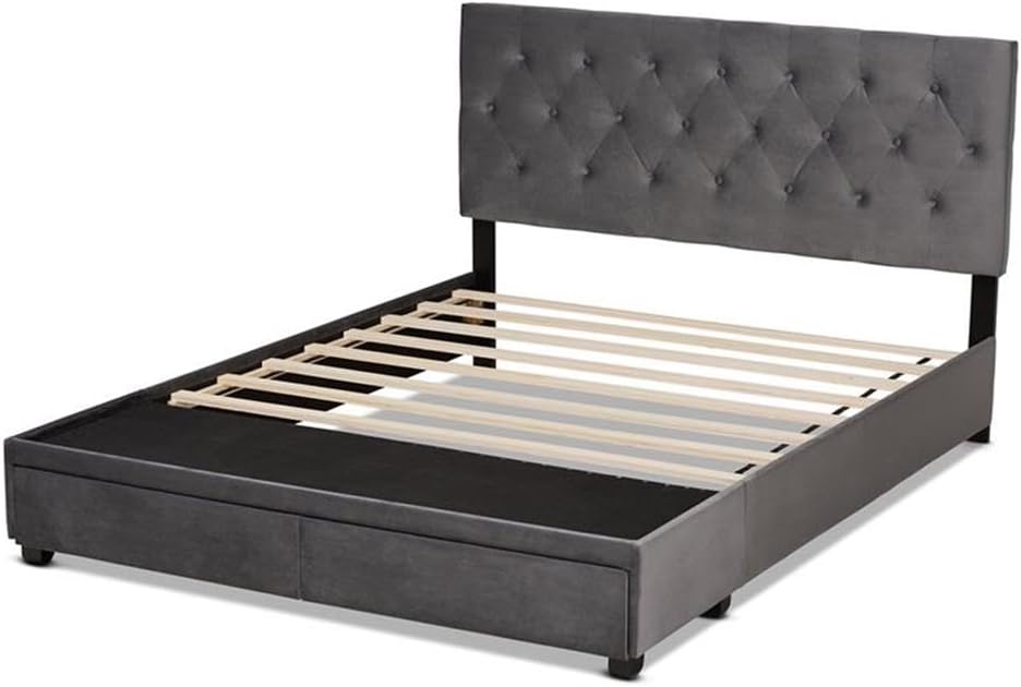 Baxton Studio Caronia Modern Velvet Tufted Platform Storage Queen Bed in Gray