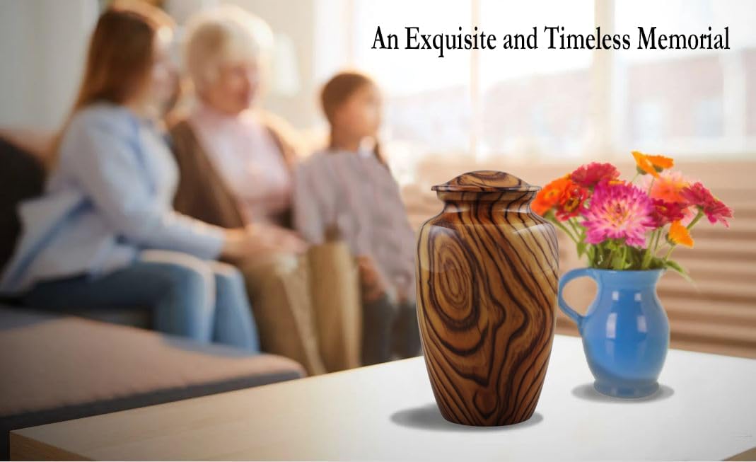 Walnut Grain Print Cremation Urn – Full Size Metal Urn with Teak Wood Finish – Adult Memorial Urn for Human Ashes up to 200 lbs – Funeral Urn for Men and Women with Velvet Bag (Large)