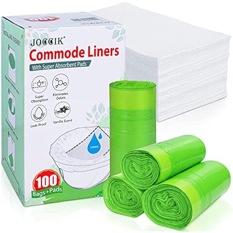 Bedside Commode Liners with Super Aborbent Pad, 100bags+100pads for Bedside Toilet Chair Bucket Cover