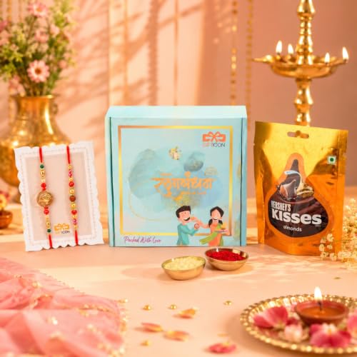 Image of Gifticon Rakhi Set for Brother with Chocolate | Premium Designer Rakhi, Chocolate, Roli Chawal, Greeting Card & Premium Gift Box | Rakhi Hamper for Raksha Bandhan | Ganesh Ji & Rudraksh Rakhi