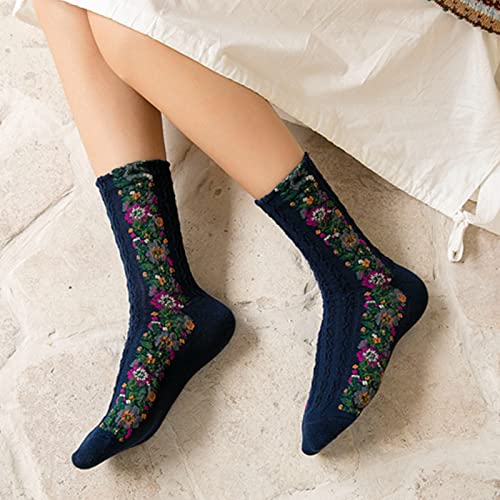 Sfkadi 2 Pairs Women's Flower Design Cable Knit Socks, Ethnic Floral Ankle/Short Boot Socks For Women, Vintage Bootie Socks For Women (Blue) #TOP2