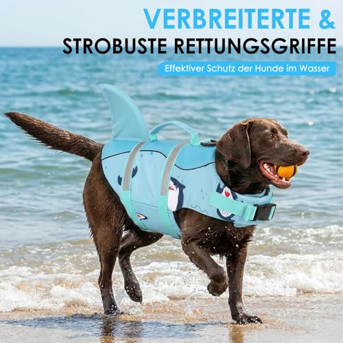 AOFITEE Schwimmweste Hund Groß, Ripstop Große Hundeschwimmweste Hai, Verstellbar & Ripstop Schwimmweste für Hunde mit Rettungsgriff, Rettungsweste Hunde Labrador Hundeweste Schwimmen, Grün, L