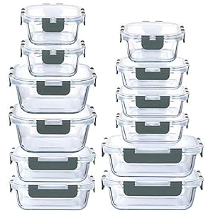 LYTIO Glass Food Containers Storage Organizers for Kitchen Pantry | BPA Free | Leak Proof | Odor Proof | Stain Resistant | 12 Sets | Freezer and Oven Safe(Gray)