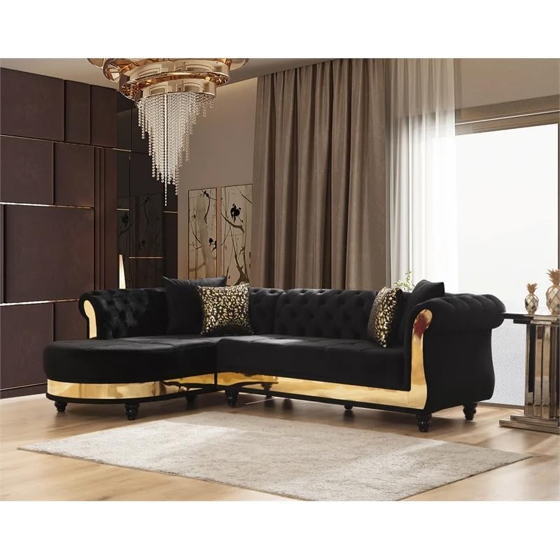 Image of Rosewood ! Modern Classic L Shape Sectional Sofa Set, Chesterfield Style 4 Seater Sofa Set with Pillows for Living Room, Bedroom and Office and Hallway Colour (Black Gold)