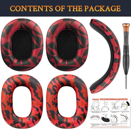 Image of SOULWIT Ear Pads Cushions + Headband + Silicone Earpads Cover Protector, Replacement Kit for ATH M50, M50X, M50XWH, M50XBT, M50XBT2, M50S /LE Headphones, Replacement Repair Part (Red Storm)