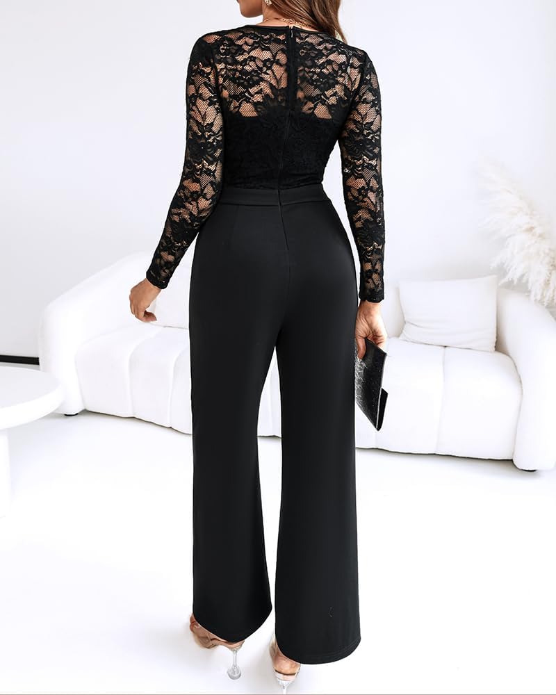 CHICME Womens Dressy Lace Jumpsuit Casual Fall Long Sleeve V-Neck Straight Leg Overalls - Image 5