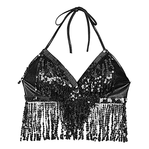 SamHeng Bauchtanz Crop Top, Damen Pailletten Perlen Haltertop für Bauchtanz, Latin Dance, Party Club Kostüm