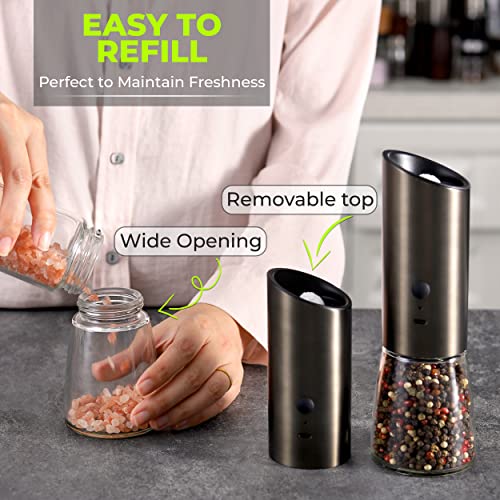 Rechargeable Electric Salt And Pepper Grinder Set, Automatic Gravity Mill With Adjustable Coarseness, Brushed Stainless Steel, Ceramic Blades And Refillable Glass (Bronze Grinder - 2 Units) #TOP4