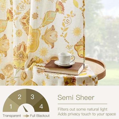 Image of XiDi Vintage Floral Curtains 63 inch Length 2 Panels Set for Living Room Back Tab Warm Farmhouse Bedroom Curtains Cottage Pretty Flower Patterned Linen Drapes Yellow Floral Pattern 52x63