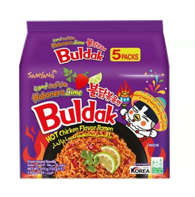 SAMYANG - Ramen de pasta habanero con sabor a pollo Buldak sabor a pollo, calor ardiente con lima picante, 23.8 onzas (bolsa de 5) (paquete de 1)