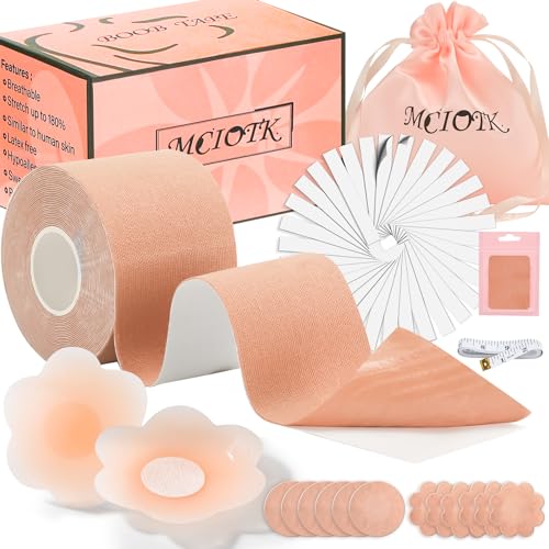 Mciotk Boob Tape Kit - Boobytape for Breast Lift w 1 Body Tape, 2 Pcs Silicone Nipple Covers,12 Pcs Satin Nipple Stickers, 36 Pcs Double Sided Tape, BoobTape for Large Breasts A-G Cup Beige