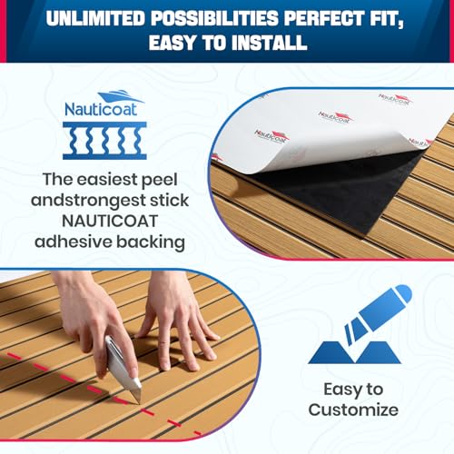 Nauticoat Bootsbodenbelag Selbstklebend Eva-Schaum Teakholzimitat Bootsbelag, rutschfeste Bootsmatte Marineteppich für Motorboot Wohnmobil Yacht Kajak Plattform 240cm x 110cm/60cm