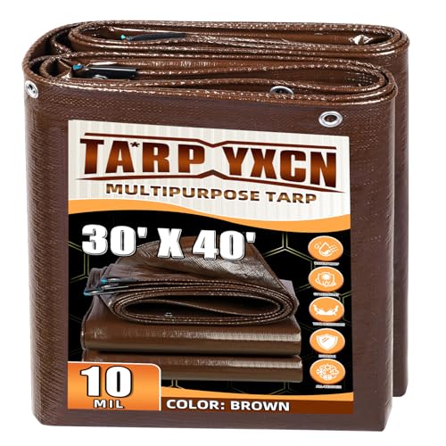 TA*RP YXCN Brown Tarp 30x40 Feet 10 Mil Thick Waterproof Poly Tarps Cover UV Resistant Rip & Tear Proof with Metal Grommets Every 20 Inches