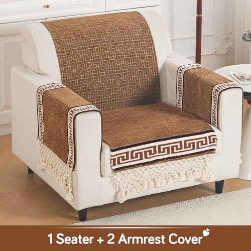 Image of HOKIPO 'Imperial Tassel Series' Thick & Soft Chenille Jacquard Sofa Cover 1 Seater Set for Seat, Back & Arms with Tassels, Russet Brown (IN-1009 + IN-1012-I1*2)