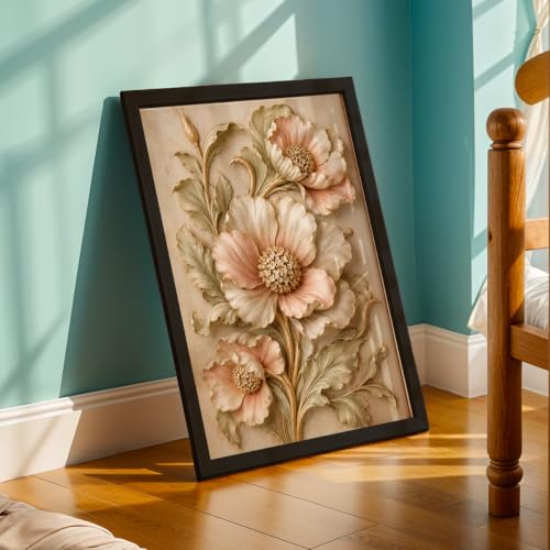 Image of NoWorries Floral Botanical Wall Painting with Frame | Premium Textured Flower & Leaf Artwork, Pastel Nature Wall Decor Framed for Living Room Bedroom Office and Home Decoration (Art-17,17x25inch)