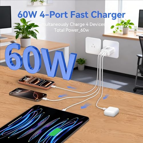 Image of iPhone 17 Charger Fast Charging,2Pack 60W Multiport Power Adapter 4-Port USB-C USB-A iPhone Charger Block with 10FT USB C to C Charger Cable Cord for Apple iPhone17 Pro Max /17e /16e /16Pro /15Plus,iPad