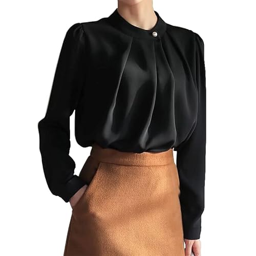 ZANZEA Blusa de Mujer Elegante de Manga Larga de satén con Cuello Alto Camisa Informal de Negocios Tops Lisos con Volantes 02 Negro XXL Cover
