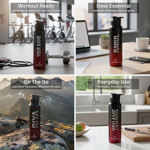 Image of Speedex Customised Stainless Steel Water Bottle 1 Ltr with Name - Personalised Engraved Sipper Cap Bottle for Kids, Men & Women, School, Gym, Office Black Wine, Set of 1