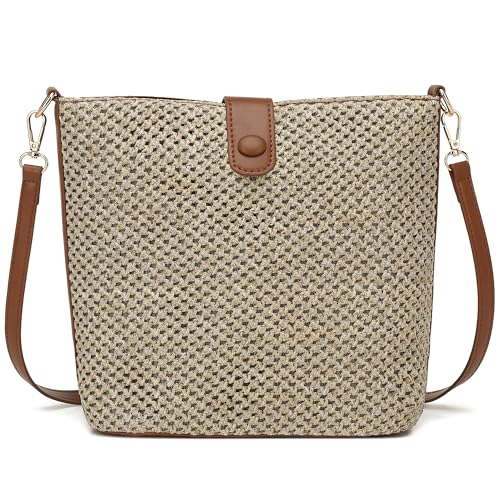ALARION Sac à bandoulière en paille tissée pour femme, sac de plage en raphia, sac à bandoulière en cuir, sac à main de paille pour les vacances, Marron - Taille L, Larger