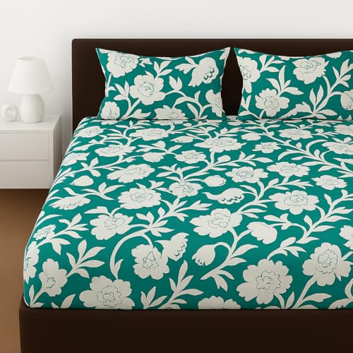 Image of Elastic Fitted Bedsheets with 2 King Size Pillow Covers | Double Bed with All Around Elastic, Size 72 x 78 x 8 Inches (Green Floral)