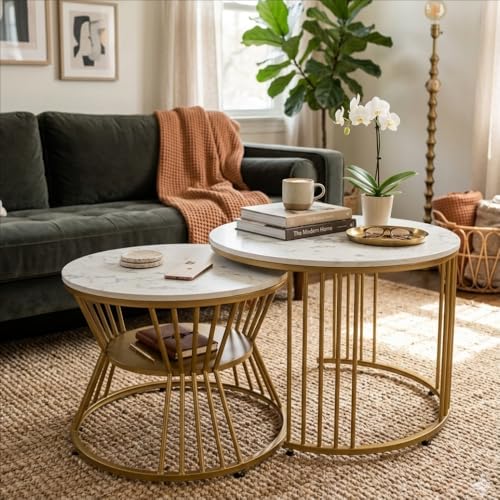 Image of Amazon Brand - Solimo Nature Haven Round Nesting Coffee Table Set of 2 | Marble Veneer Top with Metal Frame | Golden White | L 51.5 x W 51.5 x H 41.5 cm and L 46 x W 46 x H 36 cm