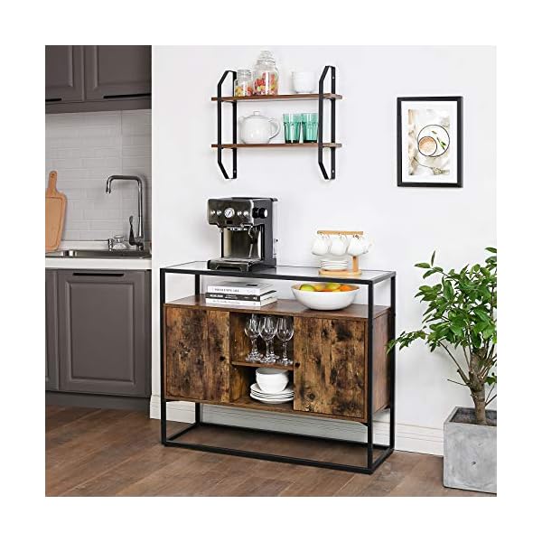 VASAGLE Sideboard, Side Cabinet, Storage Cabinet with Glass Surface and Open Compartments, Living Room, Hallway, Steel Frame, Tempered Glass, Industrial, Rustic Brown and Black LSC014B01 - Image 5
