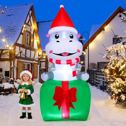Aufblasbarer Weihnachtsnilpferd auf Geschenkbox – 2,8 m