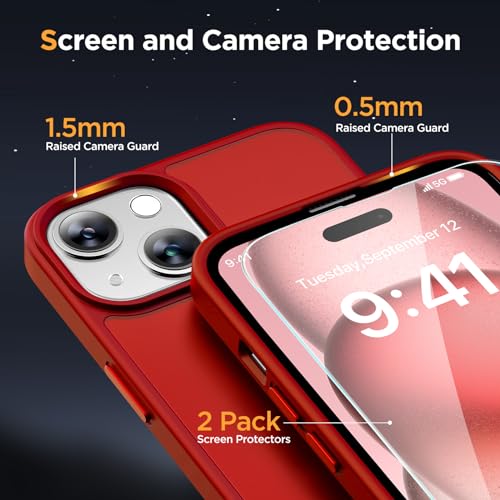 Image of Miracase Magnetic for iPhone 15 Plus Case 6.7 inch (Compatible with MagSafe)(with 2X Screen Protectors) Military-Grade Protection, Anti-Fingerprint Translucent Matte Phone Cover, Red