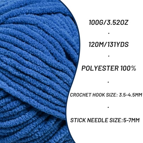 Image of Plush Chenille Chunky Crochet Yarn - Baby Yarn for Crocheting Soft - Velvet Yarns Knitting for Blankets Crafts - Fluffy Amigurumi Yarns 100g / 131yd (Blue)