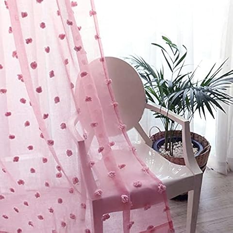 Drewin Pink Sheer Curtains for Girls Bedroom Pom Pom Voile Curtain 2 Panels Transparent Linen Drapes Kids Nursery Decor Gifts, Pink 52x84 Inches Cover