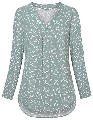 Youtalia Womens Blouse For Work, Women's Tops Cuffed Sleeve Blouses Elegant V Neck Shirt Chiffon Blouse Pleated Shirt Long Tunic Blouses For Women Dressy Floral Green Medium #TOP3