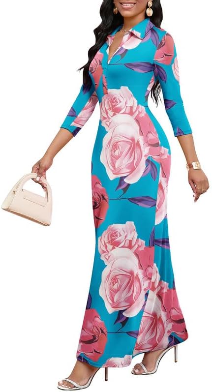 Maxi Dresses for Women Casual V Neck 3/4 Sleeve Bodycon Long Party Holiday Dress Semi Formal Outfits