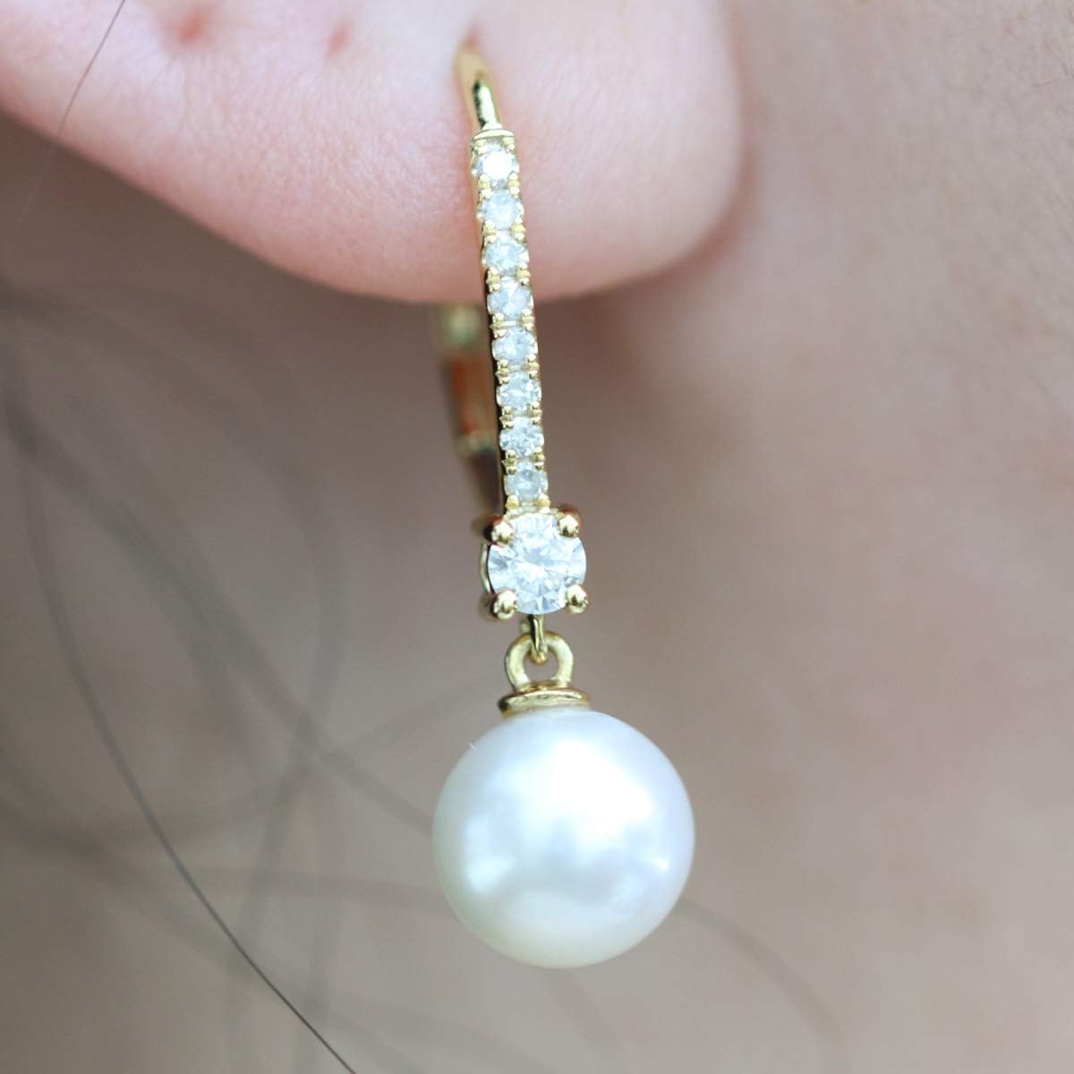 Dazzlingrock Collection 8mm Each Round White Freshwater Pearl & White Natural Diamond Lever Back Drop Dangle Earrings for Women in 10K Real Solid Gold - Image 4