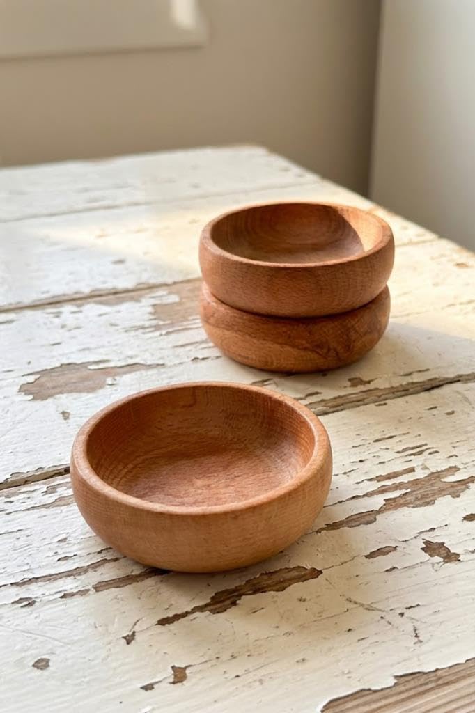 Atbyhome 3 Parça Doğal Kayın Ağacı Ahşap Çerezlik Kaseler - 10 cm Kahvaltılık ve Mezze Sosluk Seti