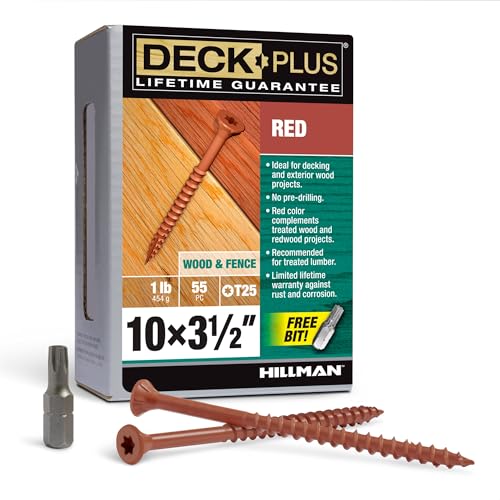 Image of Deck Plus 3-1 /2 Inch Epoxy Coated Exterior Wood and Fence Screws #10 x 3-1 /2 inch Torx /Star Drive Included Coarse Thread, Outdoor Rust Resistant Decking Screw, Red, 1lb Box, 55 Pieces | 48435
