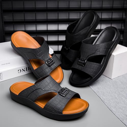 Men's Leather Fashion Sandals Classic Printing Slip-On Beach Platform Sandals Non-Slip Soft Comfortable Slide Slippers3