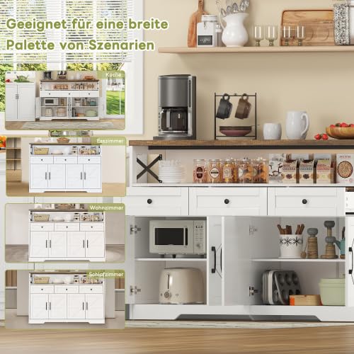 Credenza 140 cm, bianco marrone, credenza con 3 cassetti e 2 ante | Credenza in stile rustico con ante decorative a forma di X, 3 cassetti e 2 armadi, robusto MDF, molto spazio