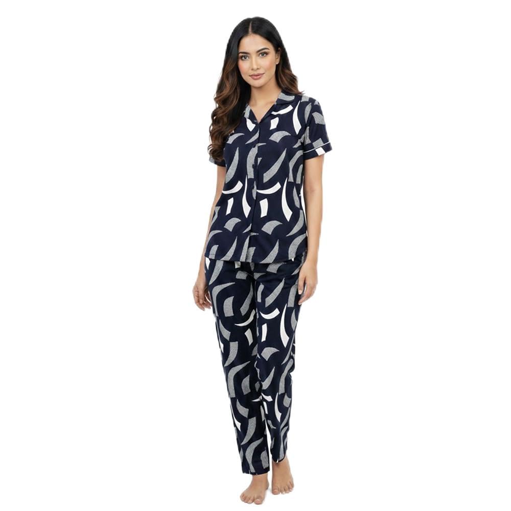 Women’s Cotton Night Suit Set | Collared Printed Shirt with Pyjama Pant Co-ord | Soft Breathable Relaxed Fit Sleepwear & Loungewear for Ladies – NSFP1008-image-36