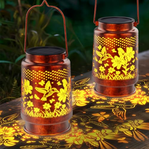 KagoLing Solarlampen für Außen, 2 Stück Kolibri Ausgehöhlte Metall Laterne IP65 Lampion Außen Wetterfest, Hängend Solarleuchten für Balkon deko, Garten, Terrasse und Camping als Geschenk Frauen/Mama