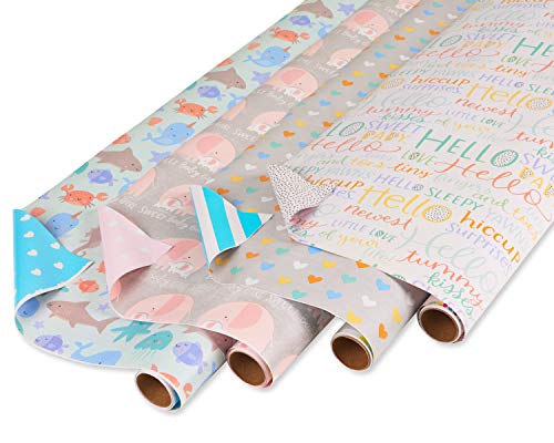 American Greetings Reversible Baby Shower Wrapping Pa Count , Animals and Hearts (4 Rolls, 160 sq. ft), 160 Sq Ft (Pack of 4)