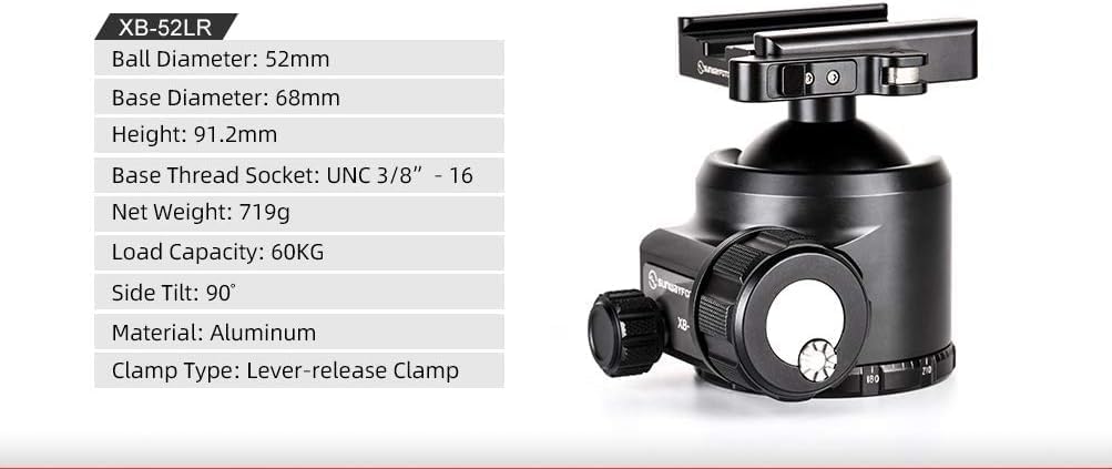 SUNWAYFOTO XB-52LR Tripod Ball Head w Arca Compatible Lever Lock Clamp Low Profile 132lb Max Load