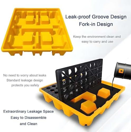 Modular Spill Containment Platform, Stackable Drum Spill Pallet with Grating, Yellow & Black, 130x130x15cm, Heavy-Duty Spill Control Solution for Safe Liquid Storage