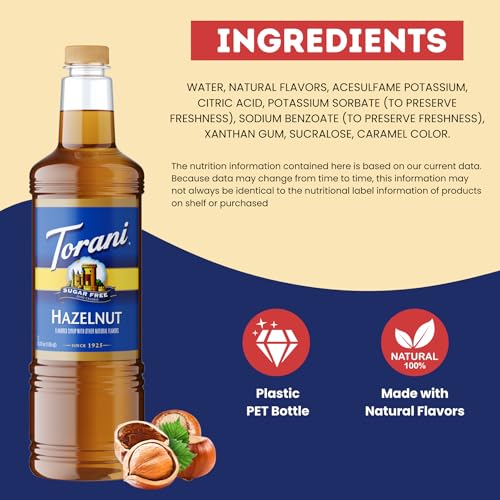 Image of Torani Sugar Free Hazelnut Syrup 1L Bottle with Pump - Keto Friendly