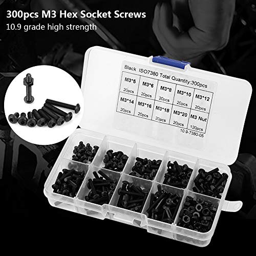 Screw Nut - 300pcs M3 Black 10.9 Grade Button Head Hex Socket Screw Bolt Nut Assortment Kit - Image 3