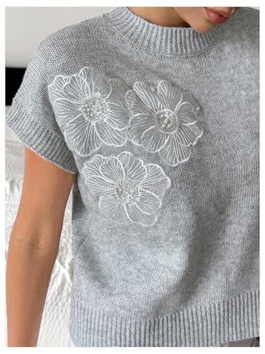 Image of SOLY HUX Women's Short Sleeve Sweater 3D Floral Sweaters Pullover Tank Tops Knit Vest Trendy Fashion Clothing Grey White Floral X-Small