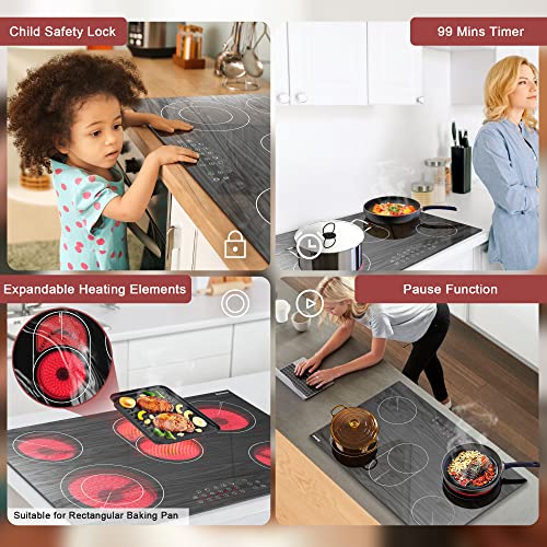 Karinear Electric Cooktop 30", Drop-in Electric StoveTop 5 Burners Ceramic Cooktop with Wooden Pattern, 8400W, 220~240V, No Outlet Plug, Glass Cooktop