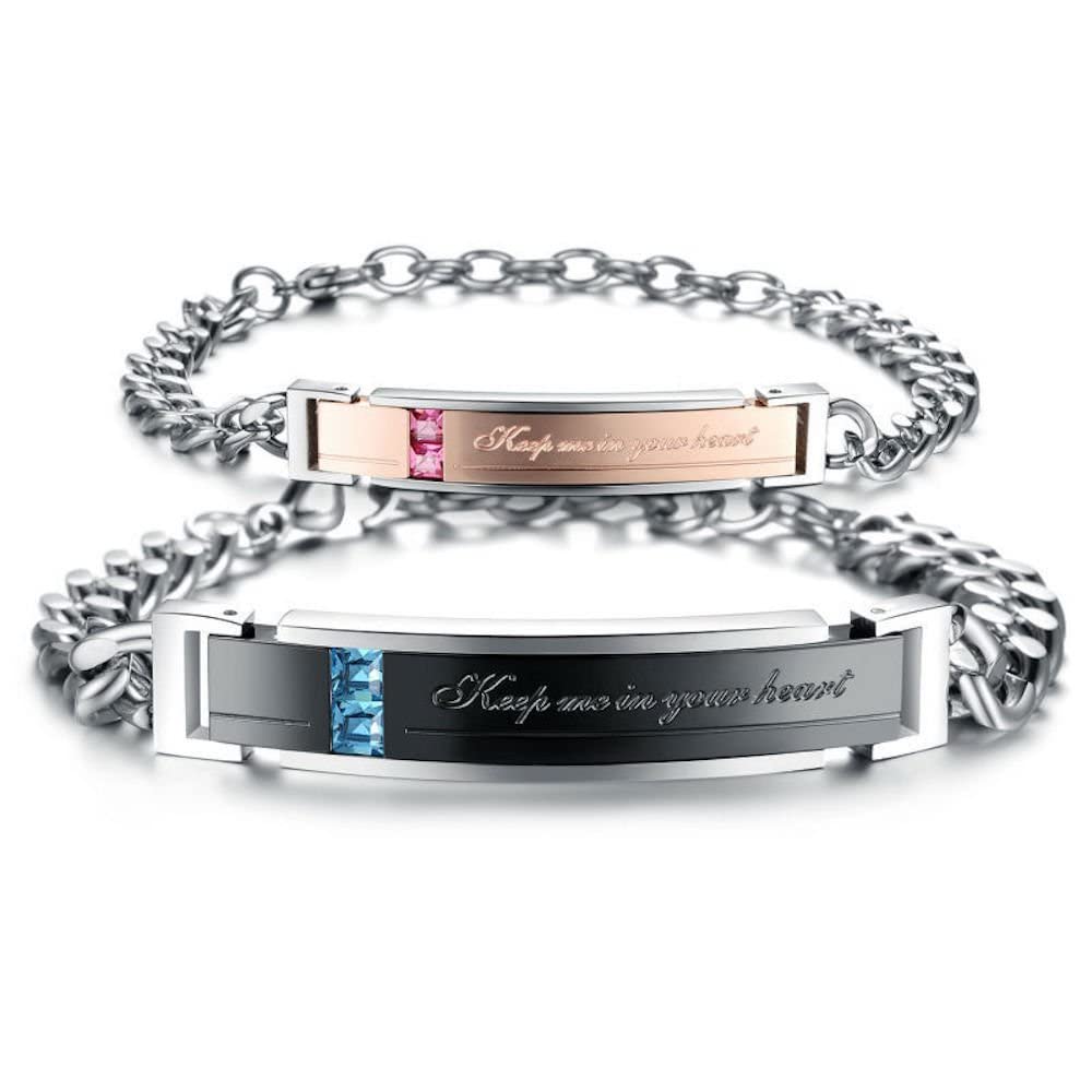 Kim Johanson Coppia di braccialetti in acciaio inox Keep Me In Your Heart, in argento, oro rosa e nero, con zirconi, regalo per coppie con incisione, impermeabile, regolabile, con sacchetto per
