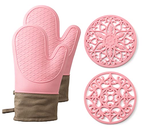Domonic Home Ofenhandschuhe und Topflappen-Sets, Silikon-Ofenhandschuhe, hitzebeständig, 600 F, Ofenhandschuh-Set, weiches Futter, guter Griff, 4-teiliges Set, Rosa